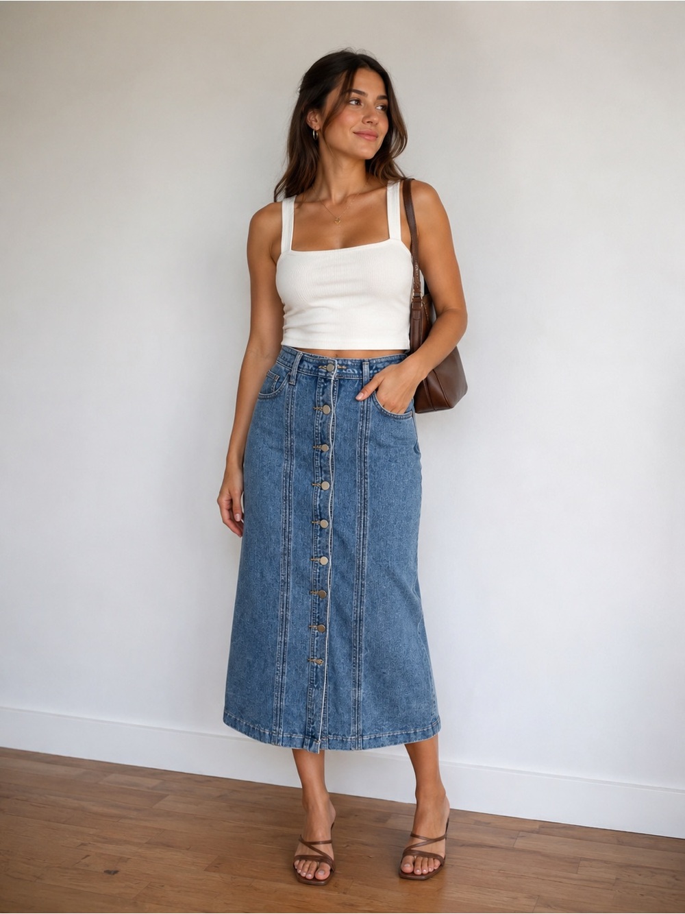 OAK + FORT Button-Front Denim Maxi Skirt in Blue